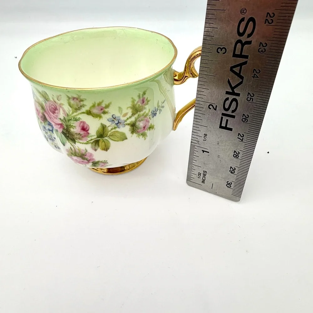 Royal Albert Teacup Saucer Bone China Vintage Green Pink Gold Tone